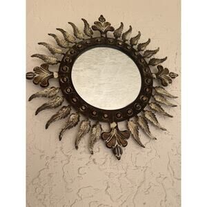 Custom Sunburst Decorative Wall Mirror Metal Frame Bronze Gold Finish 24” Round.